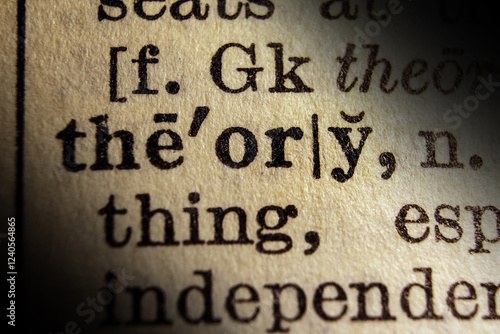 Definition of word theory on dictionary page, macro, close-up