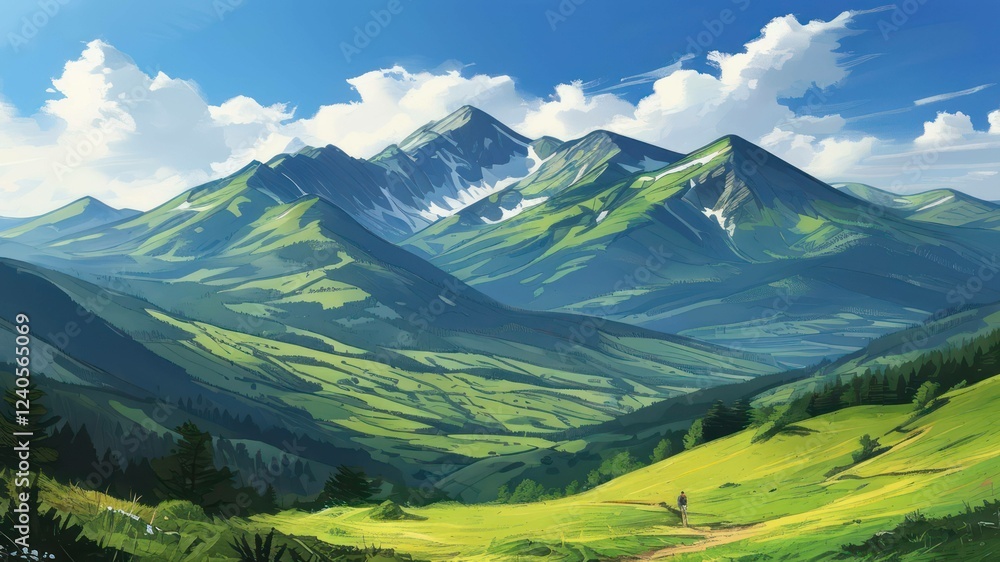 Fototapeta premium A scenic mountainous landscape under a bright blue sky