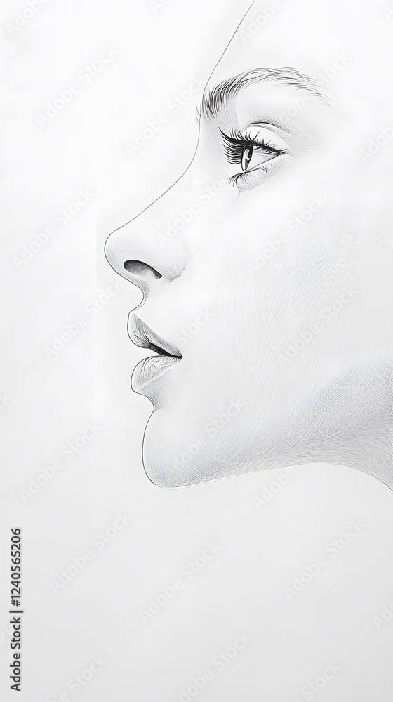 56. A profile view of a face with a narrow, defined chin and sculpted cheekbones, on a white background 56. A profile view of a face with a narrow, defined chin and sculpted cheekbones, on a white background