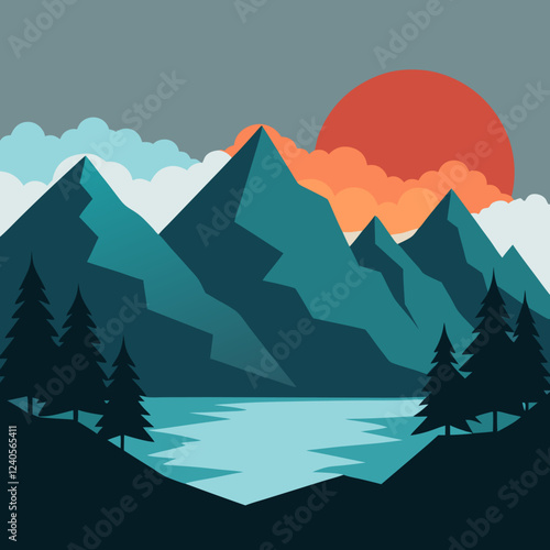 Scenic Mountain Landscape with Sunset and Lake - Minimalist Nature Illustration