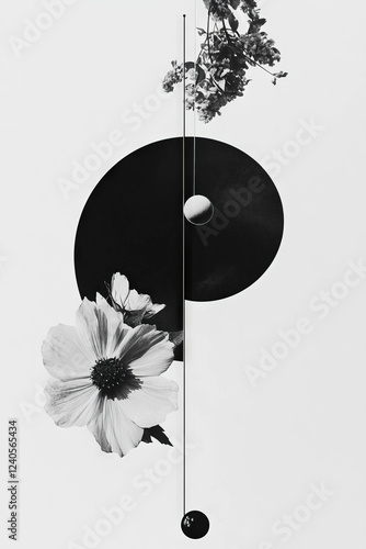 Minimalist collage featuring geometric shapes and floral elements on a white background photo