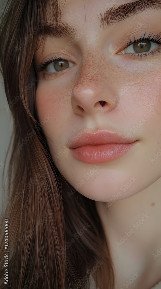 58. A close-up of a face showing pronounced cheekbones and a slightly pointed chin, minimal makeup, white background 58. A close-up of a face showing pronounced cheekbones and a slightly pointed chin, minimal makeup, white background