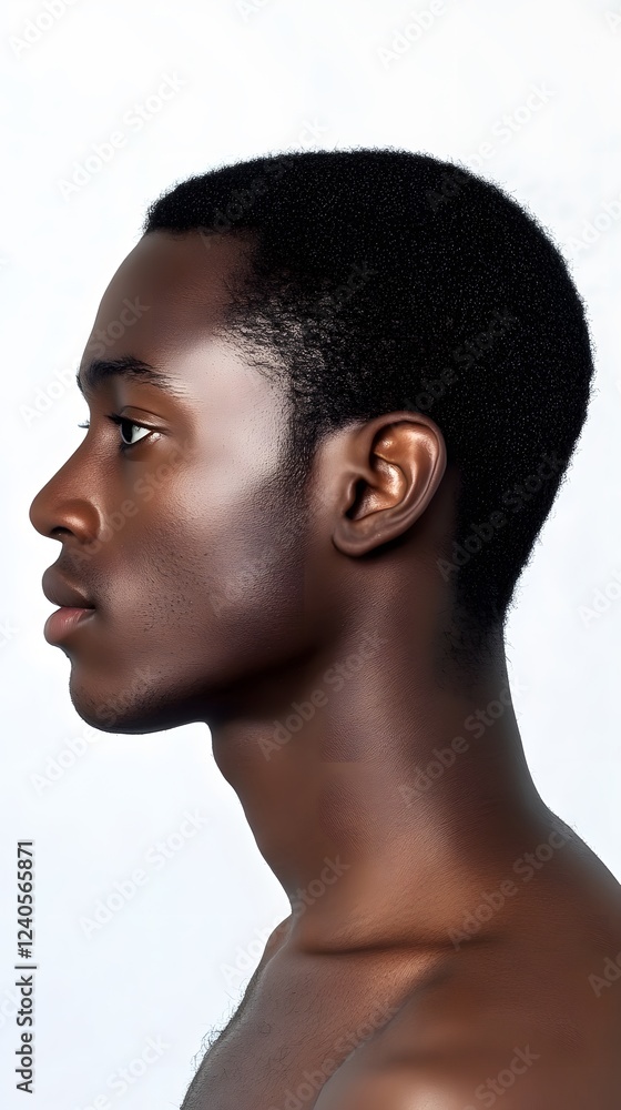 59. A side view of a human face with a wide forehead and soft jawline, highlighting the natural contours, white backdrop 59. A side view of a human face with a wide forehead and soft jawline, highlighting the natural contours, white backdrop