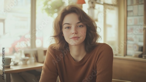 Free Download Young Woman With Auburn Curls In Brown Sweater Cafe Portrait - GFXLoad