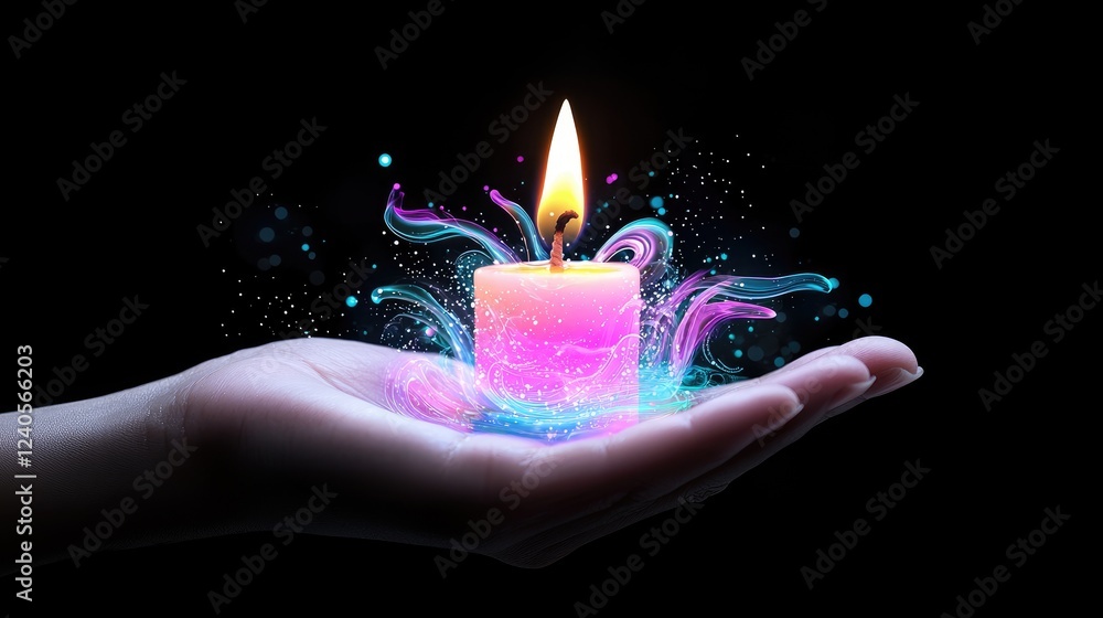 Hand holding magical candle, dark background, peace, spiritual