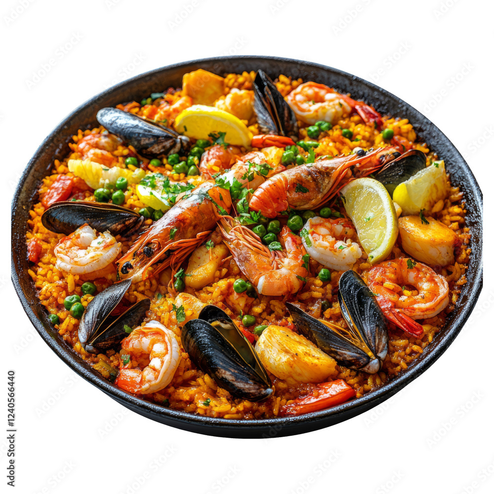 Colorful Seafood Paella Dish Isolated on Transparent Background Colorful Seafood Paella Dish Isolated on Transparent Background