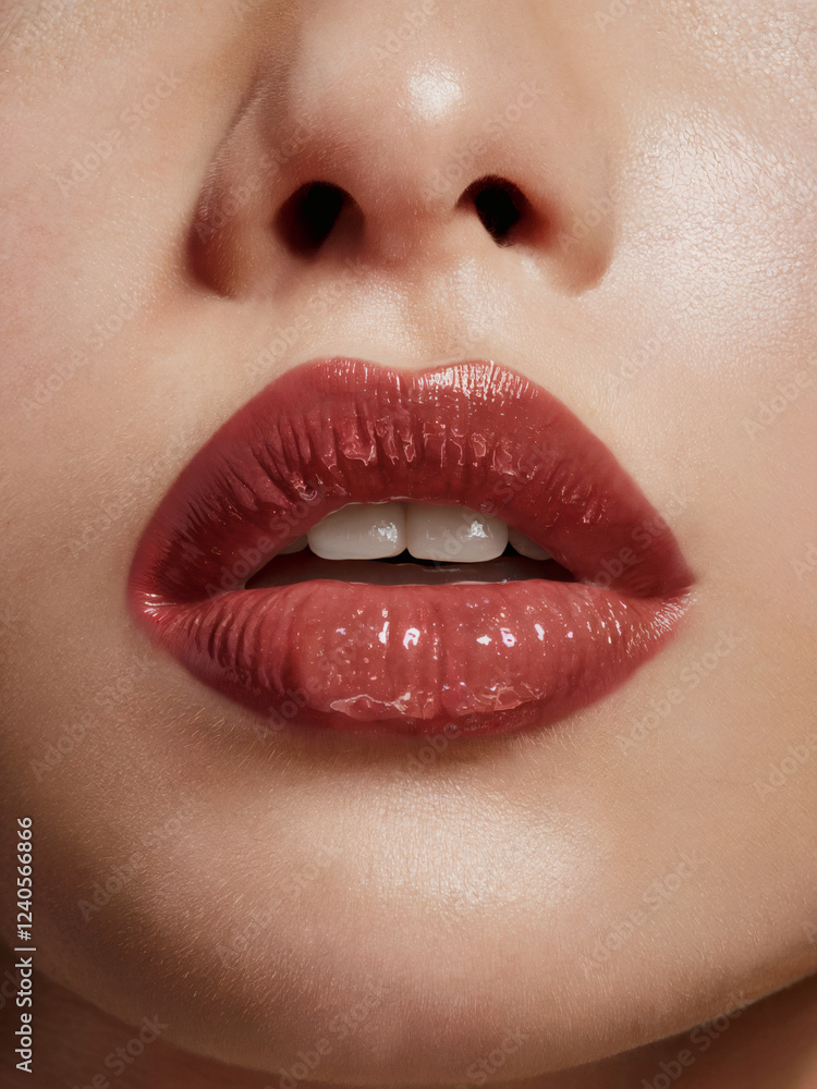 Obraz premium Close-up of lips with cherry red brown lipstick or lip gloss