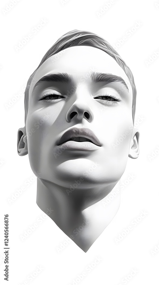 66. A front-facing portrait of a face with high cheekbones, delicate nose, and sharp jawline, white background 66. A front-facing portrait of a face with high cheekbones, delicate nose, and sharp jawline, white background