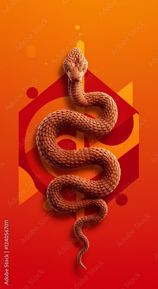 Fototapeta premium Abstract Red and Orange Geometric Background with a 3D Copper Snake