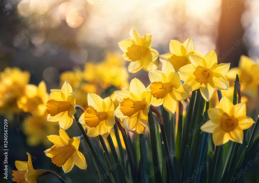 Yellow daffodils in full bloom with a blurred floral background in soft sunlight. High quality photo Yellow daffodils in full bloom with a blurred floral background in soft sunlight. High quality photo