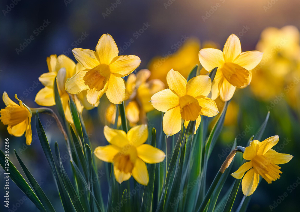 Obraz premium Yellow daffodils in full bloom with a blurred floral background in soft sunlight. High quality photo