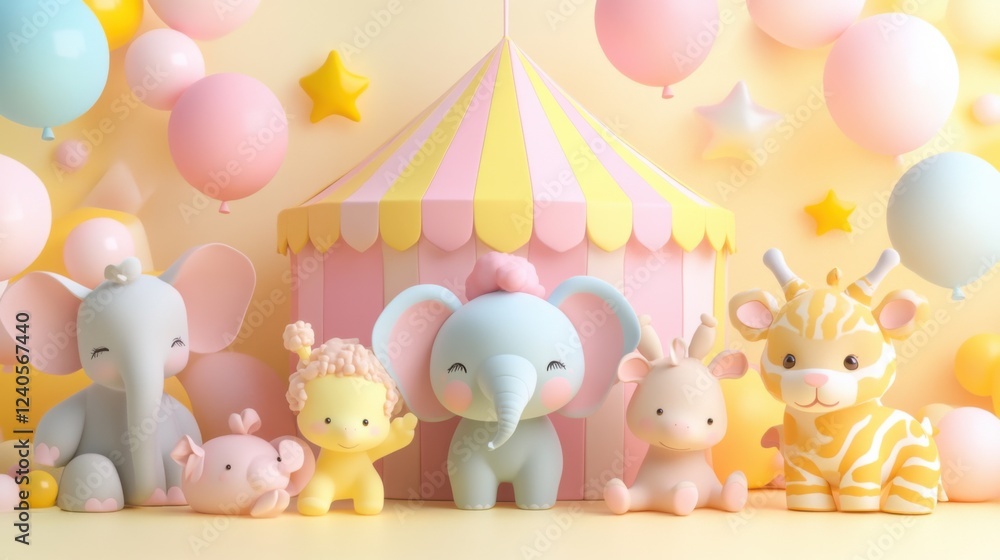 3D render of cute cartoon animals in front of a circus tent, with pastel colors of yellow and pink, balloons and stars in the background, and cute baby jungle animal sculptures. Rendering style 3D render of cute cartoon animals in front of a circus tent, with pastel colors of yellow and pink, balloons and stars in the background, and cute baby jungle animal sculptures. Rendering style