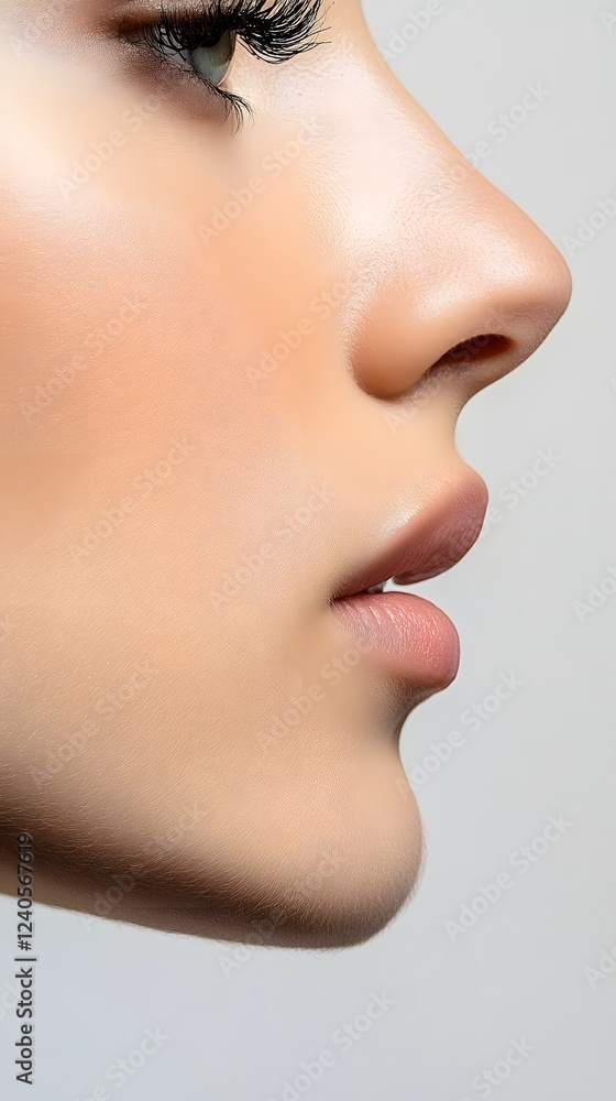 72. A side view of a face focusing on the contour of the cheekbones and chin, with a neutral expression, white background 72. A side view of a face focusing on the contour of the cheekbones and chin, with a neutral expression, white background
