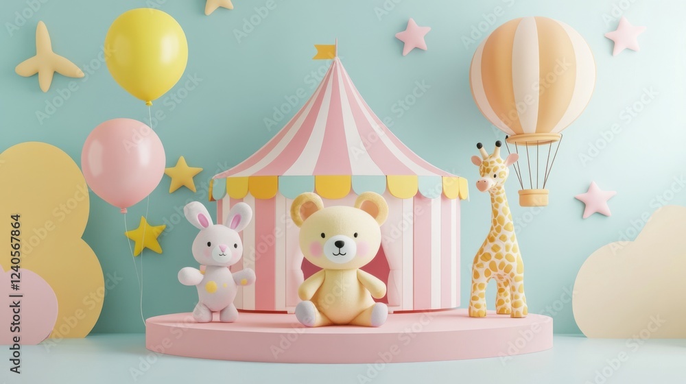 Adorable 3D Render of Playful Animals at a Circus Tent with Balloons and Pastel Colors. Adorable 3D Render of Playful Animals at a Circus Tent with Balloons and Pastel Colors.