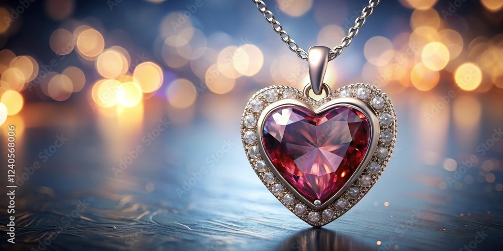 Heart-shaped pendant necklace with a dazzling gemstone, delicately framed by sparkling accents, rests elegantly on a dark surface, beautifully illuminated by a warm, enchanting backdrop. Heart-shaped pendant necklace with a dazzling gemstone, delicately framed by sparkling accents, rests elegantly on a dark surface, beautifully illuminated by a warm, enchanting backdrop.