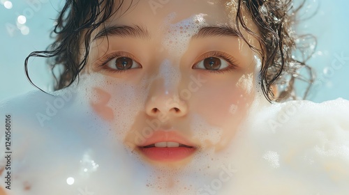 A top-down shot of an Asian woman applying face wash, with soft foam and clean skin, with room for product details