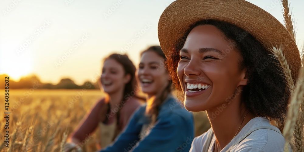 A group of female farmers in a field, laughing together after a long day, showing the changing face of UK agriculture A group of female farmers in a field, laughing together after a long day, showing the changing face of UK agriculture