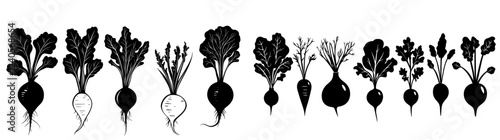 Minimalist black vegetable shapes on a white backdrop, highlighting organic forms and clean design.