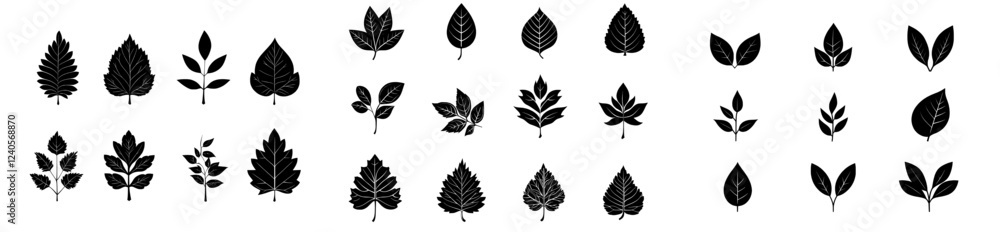 Fototapeta premium Modern flat leaf icons include symbols for botany, herbal, ecology, bio, organic, vegetarian, eco, fresh, and nature glyph silhouettes for flora.