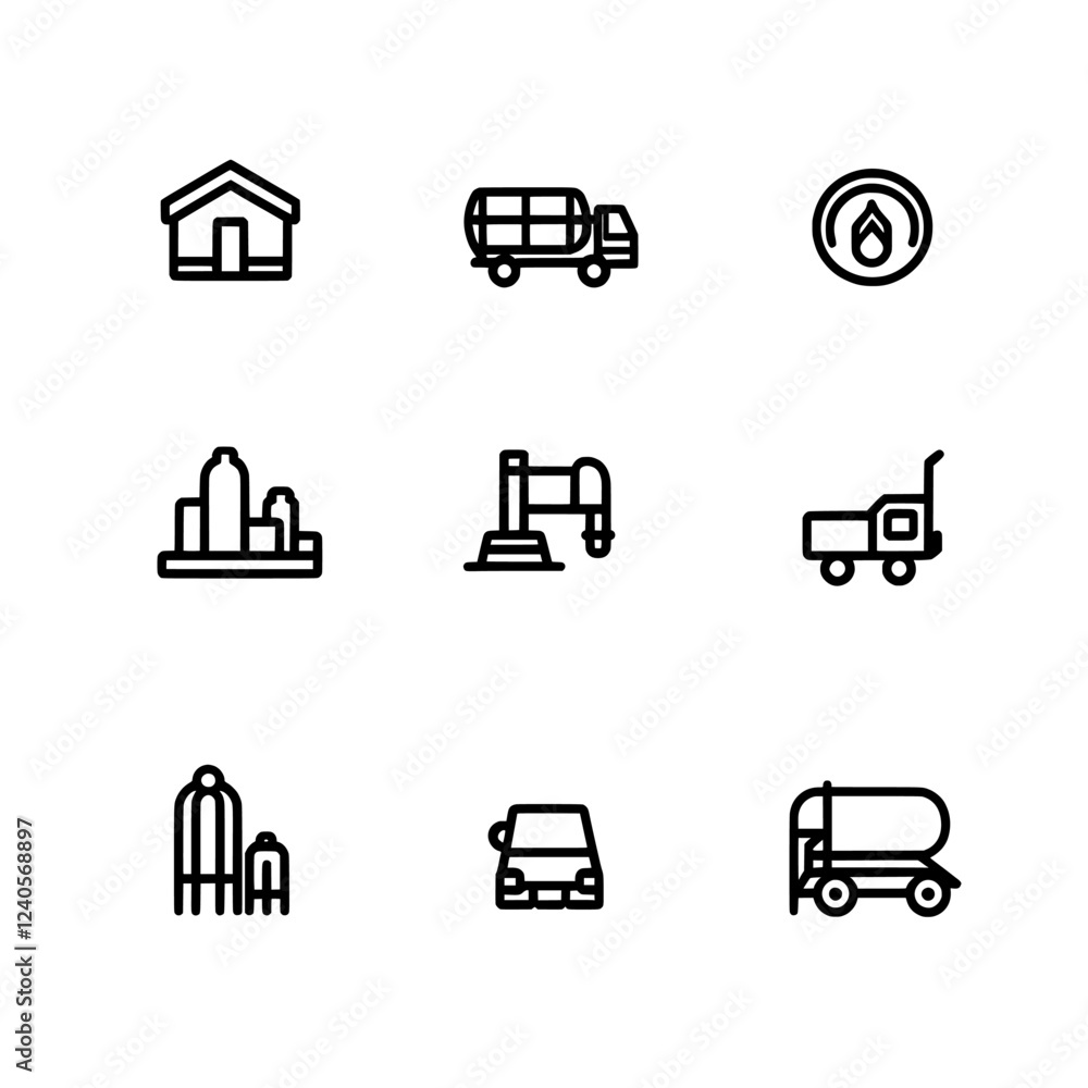 Collection of icons depicting oil and fuel. Illustrating the petroleum industry's processes: extracting fossil resources, transportation, and usage. Presented in monochrome black and white. Collection of icons depicting oil and fuel. Illustrating the petroleum industry's processes: extracting fossil resources, transportation, and usage. Presented in monochrome black and white.