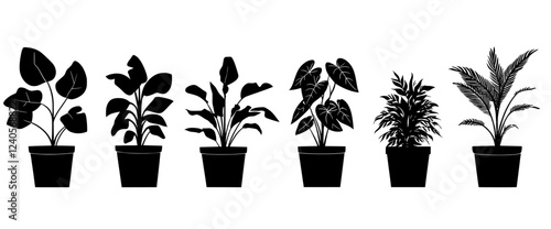 A collection of simple, modern silhouette icons featuring flowerpots, flowers, and pots. These isolated black elements on a white background are perfect for minimalistic home, garden, and interior