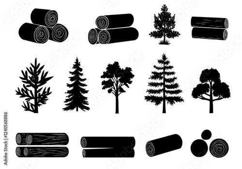 Flat icons in a modern style representing lumber, featuring icons for logs, planks, polishing grinders, saws, lumberjacks, and cutting, all as black carpentry silhouette pictograms.
