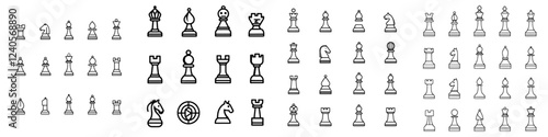Chess icon set. Game pieces, linear icon collection. Line with adjustable stroke.