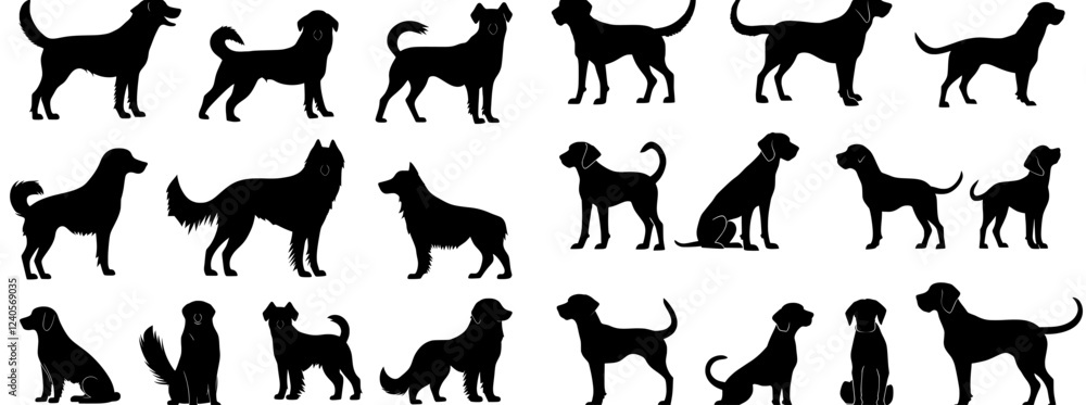 Silhouette of a pointer dog. Various sizes and breeds of black dogs, animal silhouettes, canine companions, small puppy sizes, including retriever, labrador, shepherd, dachshund, and pug, as a set of Silhouette of a pointer dog. Various sizes and breeds of black dogs, animal silhouettes, canine companions, small puppy sizes, including retriever, labrador, shepherd, dachshund, and pug, as a set of