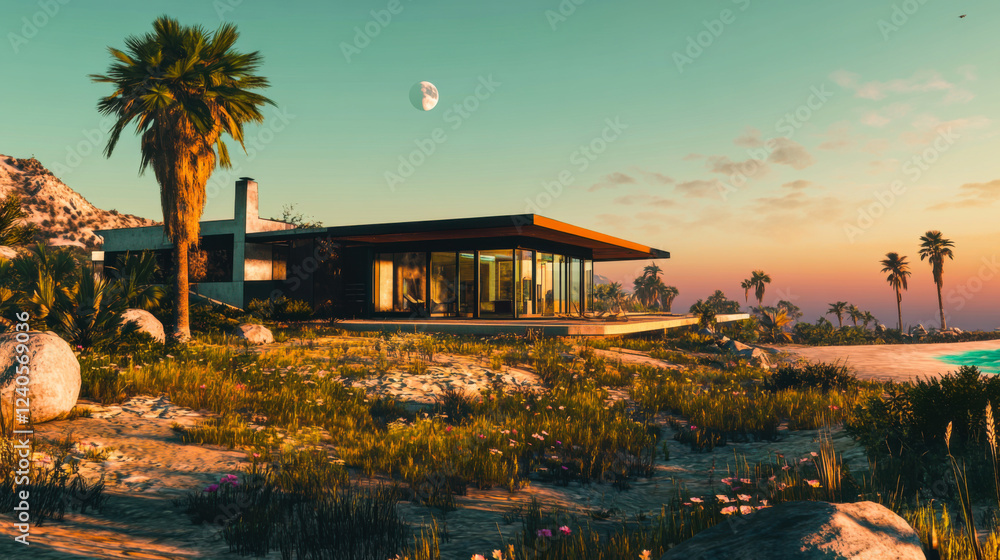 Modern coastal house surrounded by tropical landscape under a setting sun Modern coastal house surrounded by tropical landscape under a setting sun