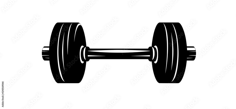 A straightforward black silhouette of a dumbbell, designed in a minimalist flat style, perfect for fitness, gym, exercise, weightlifting, and strength training, on a white background. A straightforward black silhouette of a dumbbell, designed in a minimalist flat style, perfect for fitness, gym, exercise, weightlifting, and strength training, on a white background.