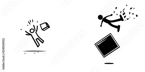 Icon depicting a person falling from an object. Be cautious of unstable structures. Black and white monochrome symbol.