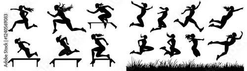 A series of hurdler silhouette images, depicting different actions and poses, emphasizing the sport, running, and race themes, created with a modern illustration approach.