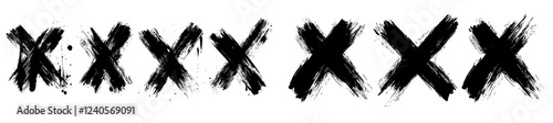 X creates cross marks in black ink. A modern series of grunge error or cancellation symbols. Isolated, rough brush strokes, incorrect rejection icons, monochrome sketch cancellation or removal signs.