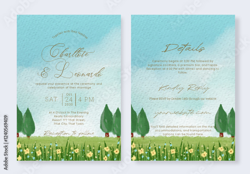 Watercolor Flower Field Wedding Card Set Elegant Nature Scene For Rustic Wedding