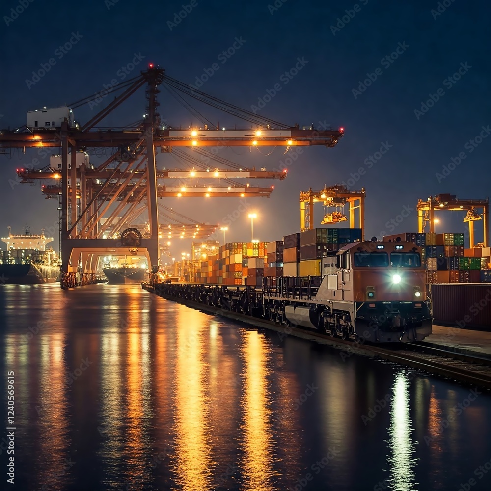 Fototapeta premium vibrant night container port with a massive freight locomotive at the pier. Bright lights reflect off metal surfaces, highlighting cranes, cargo ships, and the scale of global trade.