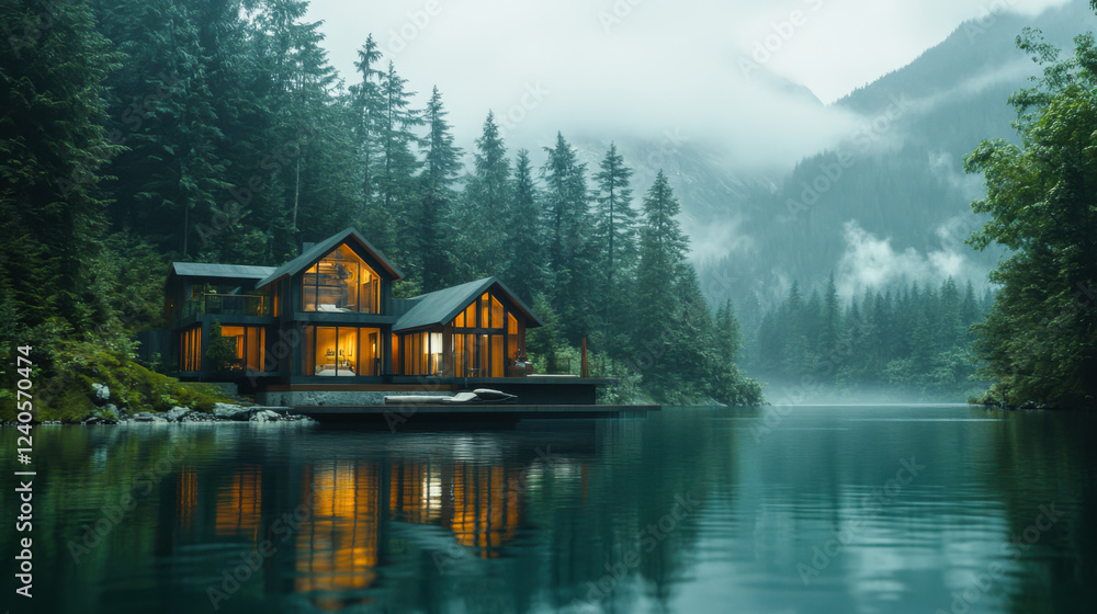 Fototapeta premium Modern mountain retreat surrounded by lush greenery and towering peaks in a serene alpine setting during autumn