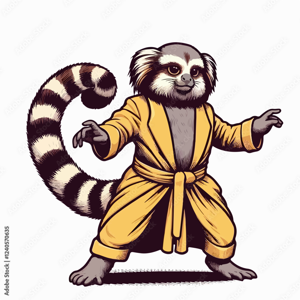 Monkey in a Robe: A playful illustration of a monkey wearing a yellow bathrobe, its expressive eyes and relaxed pose inviting a smile. The black and white stripes of its tail add a touch of whimsy. Monkey in a Robe: A playful illustration of a monkey wearing a yellow bathrobe, its expressive eyes and relaxed pose inviting a smile. The black and white stripes of its tail add a touch of whimsy.