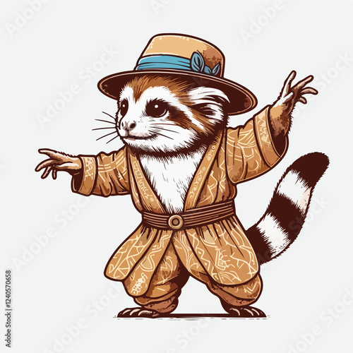 Dapper Lemur in a Hat: A charming lemur, donning a straw hat and stylish attire, strikes a playful pose. This adorable illustration captures the lemur's playful spirit with a dash of fashion flair. 