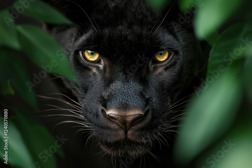 Fototapeta Naklejka Na Ścianę i Meble -  Powerful black panther with intense yellow eyes lurking in the lush green jungle shadows ready to pounce on its prey  This majestic feline predator is the apex hunter of its domain