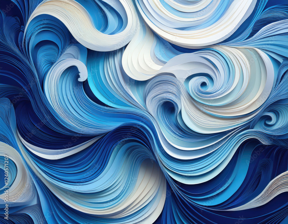 Organic twisting pattern, layered paper, blue and light white, shades and contrast Organic twisting pattern, layered paper, blue and light white, shades and contrast