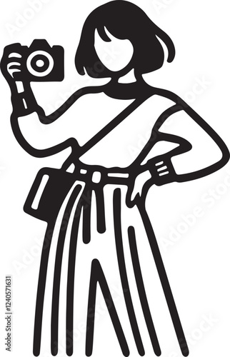 Silhouette of a fashion blogger taking a photo with a smartphone, stylish pose, social media influencer concept, content creator, vector EPS icon.