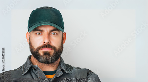 ortrait of a Bearded Man Wearing a Green Cap and Denim Jacket, Confident Male Expression, Casual Fashion, Modern Masculinity, Stylish Outdoorsman, Rugged Look, Serious Face, Blank Background photo