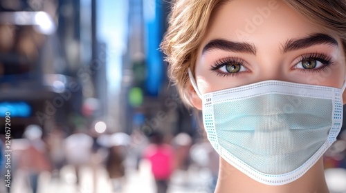 Mask Mandate concept. Woman wearing a mask in a busy urban environment photo