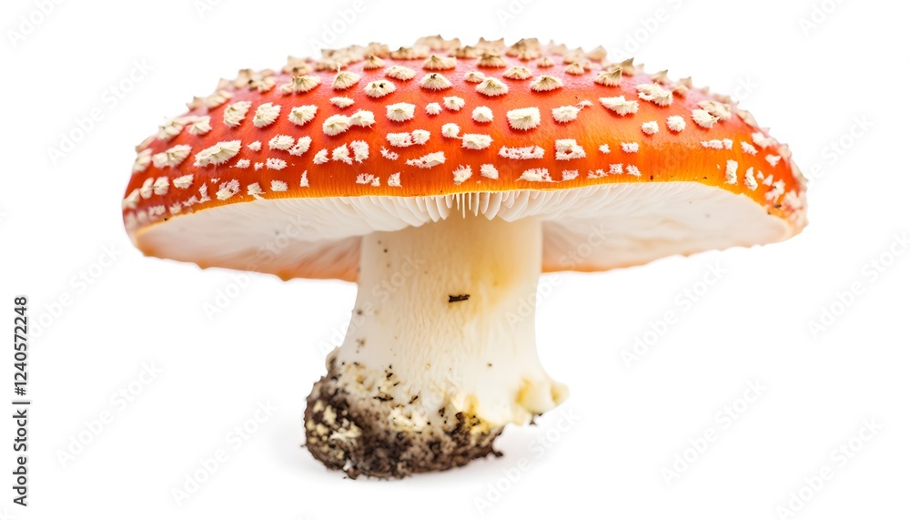 A vibrant red mushroom with white spots stands alone A vibrant red mushroom with white spots stands alone