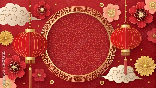 Elegant Chinese New Year Illustration with Crane and Cherry Blossoms
