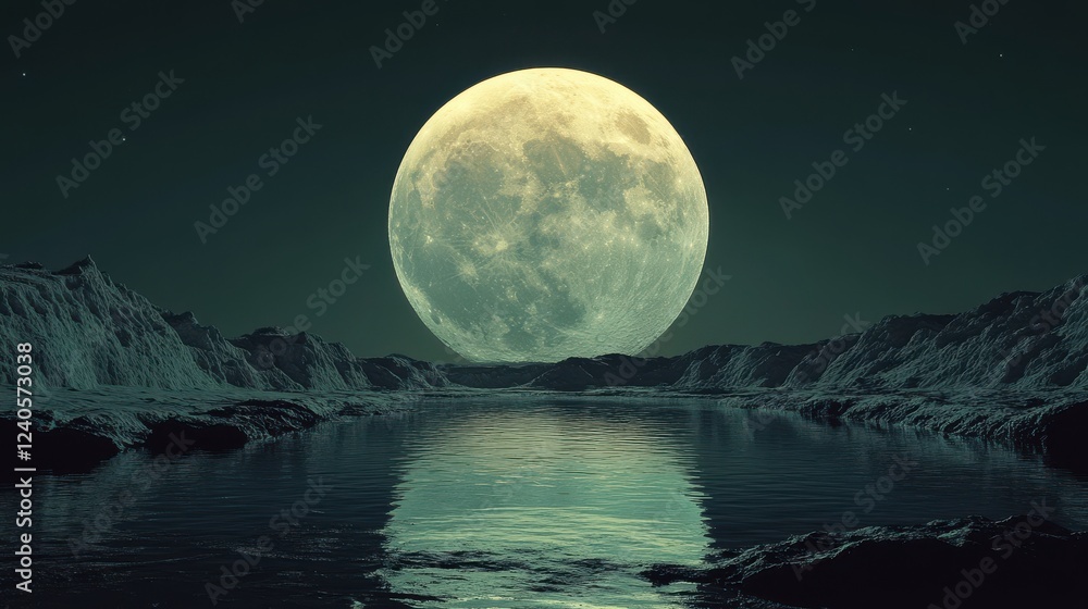 Naklejka premium Majestic full moon reflection over tranquil water nighttime landscape serene nature scene