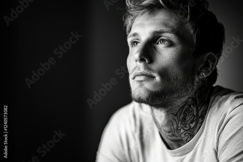 Minimalist Tattooed Man in Black and White A modern minimalist portrait of a man with subtle, fine-line tattoos on his neck