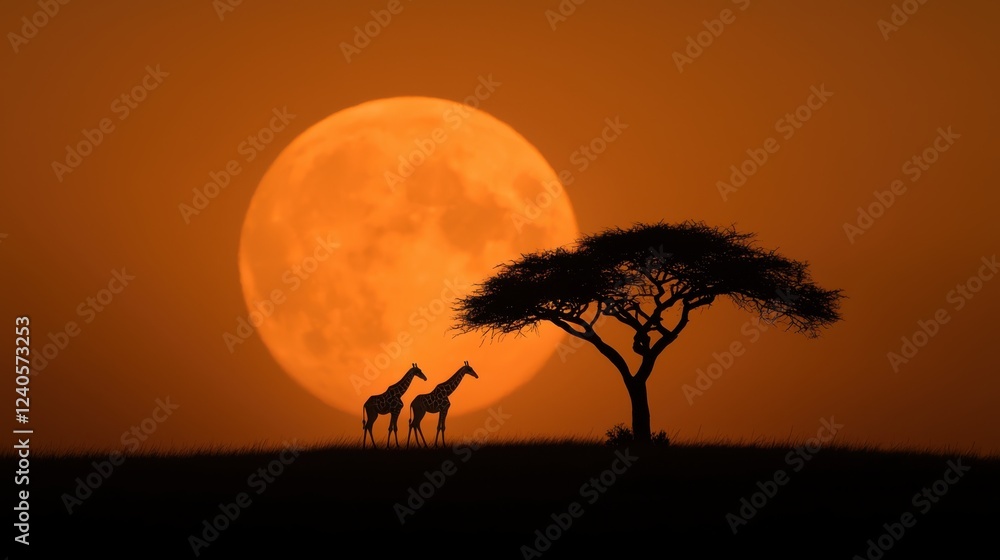 Silhouetted giraffes walking in front of a massive glowing orange sun against a serene minimalist landscape in the African savanna Silhouetted giraffes walking in front of a massive glowing orange sun against a serene minimalist landscape in the African savanna