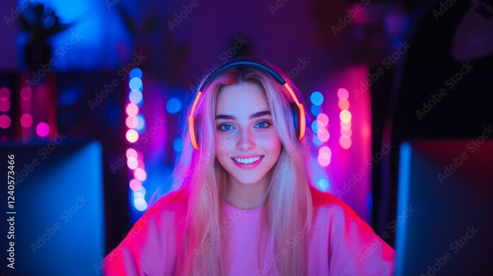 A girl, wearing a gaming headset, playing a computer game, smiling A girl, wearing a gaming headset, playing a computer game, smiling