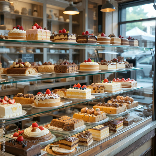 Pastry shop glass display with a selection of cakes.